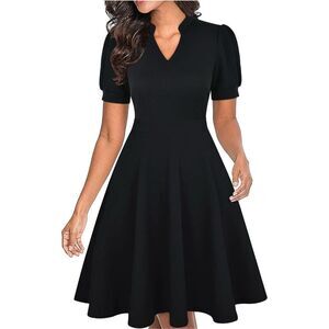 NEW Black Puff Sleeve Fit & Flare Career Dress Pockets XL